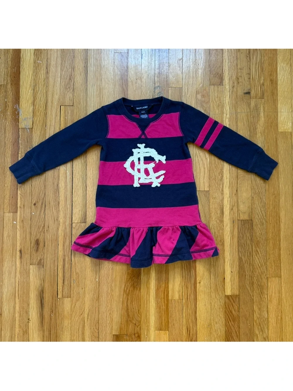 Ralph Lauren Striped Jersey Dress Toddler Size 2T Pink Navy Blue Logo Crest Girl